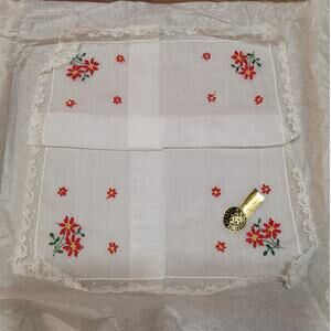 Vintage Handkerchief Switzerland Embroidered Red Flowers 100% Cotton New in Box